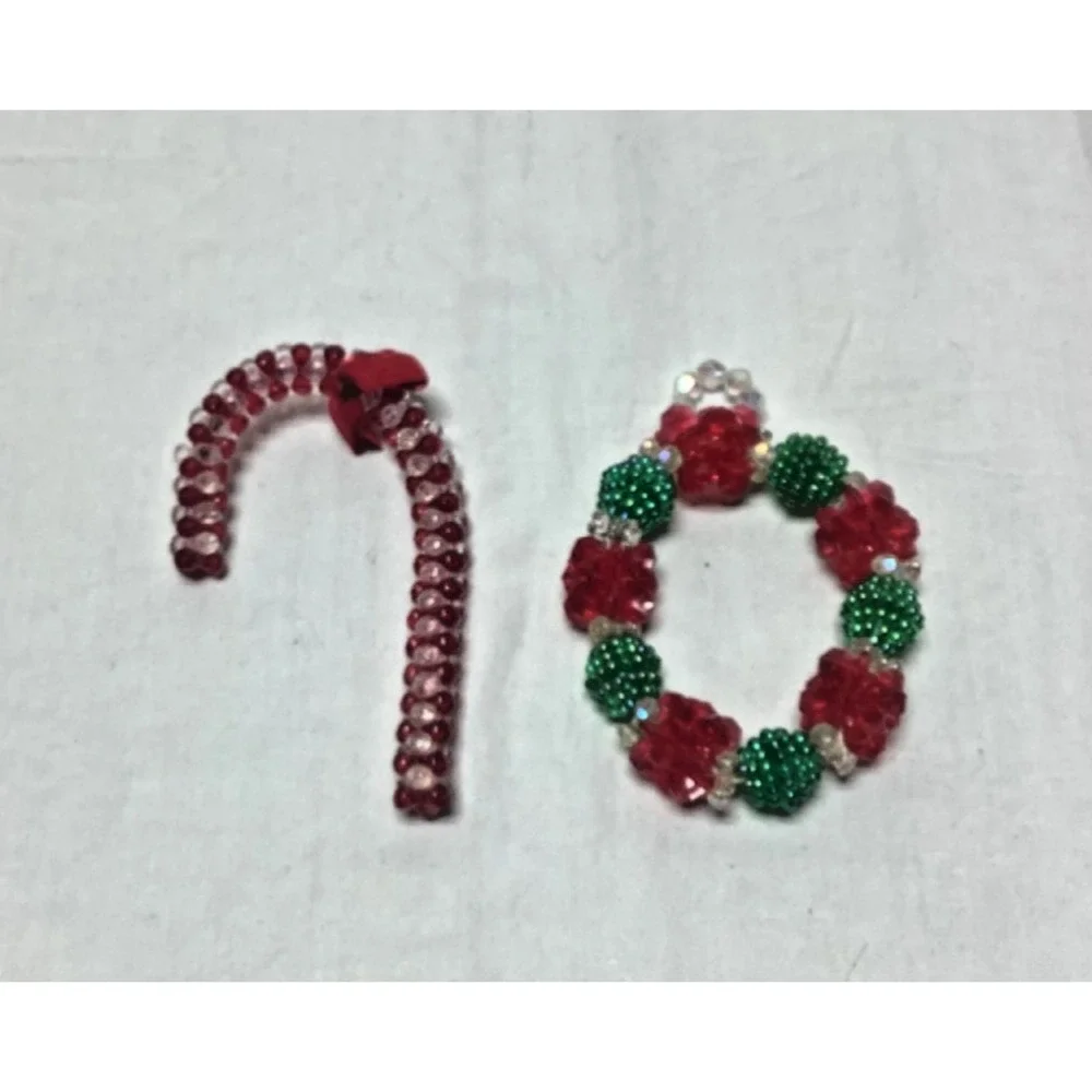 2 vintage Candy Cane and Wreath Handmade Beaded Ornaments Red White Green